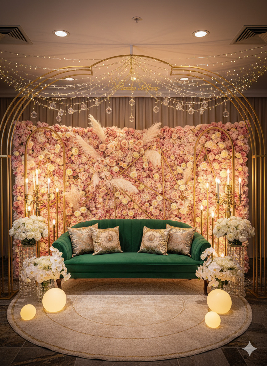 Elegant event photo zone setup with lighting and decorative elements