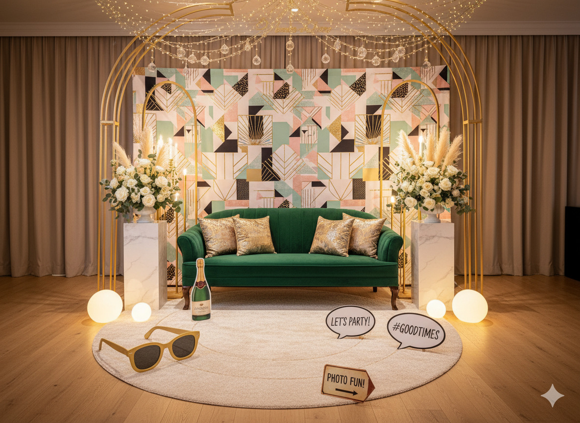 Stylish photo zone with backdrop and props