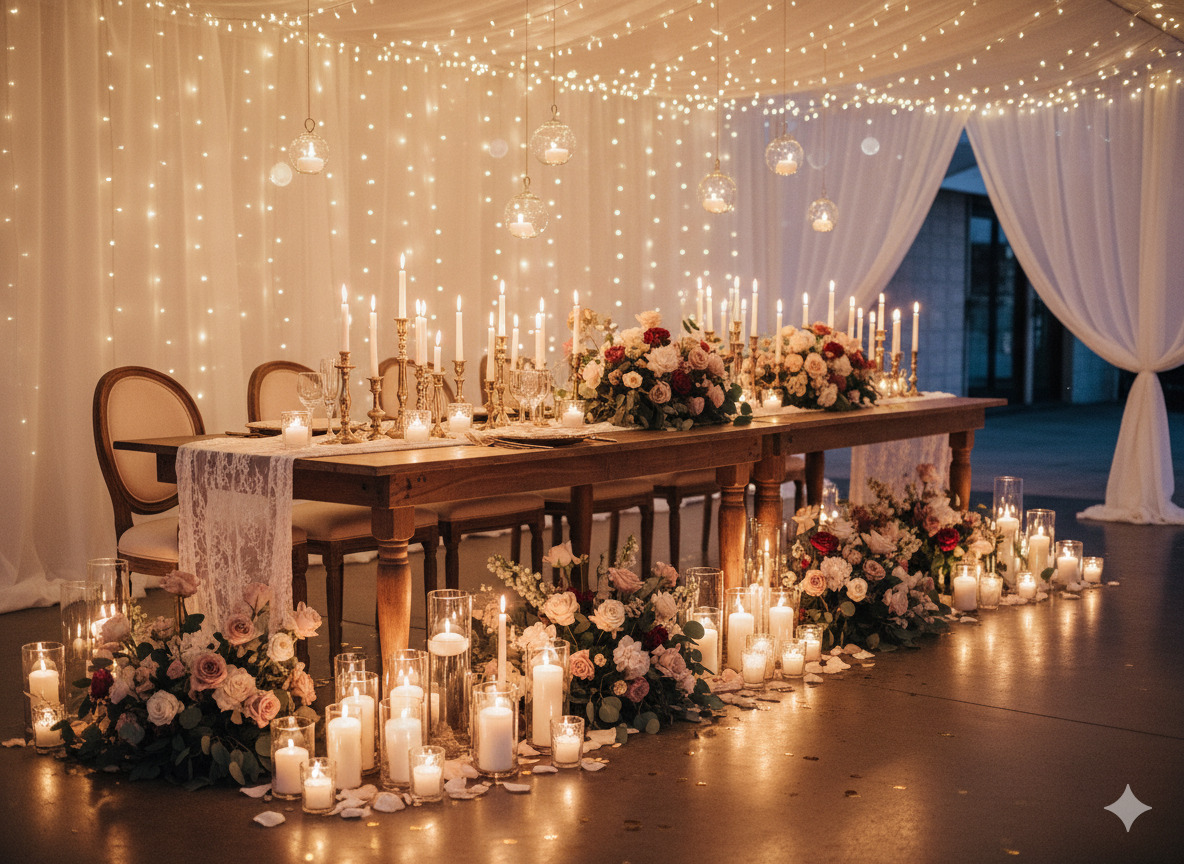 Romantic theme with soft lighting and elegant decorations