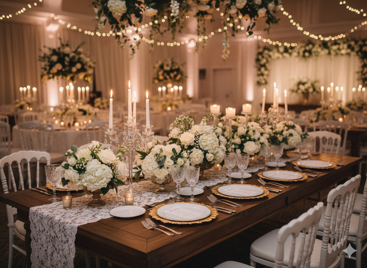 Wedding event decoration with elegant floral arrangements